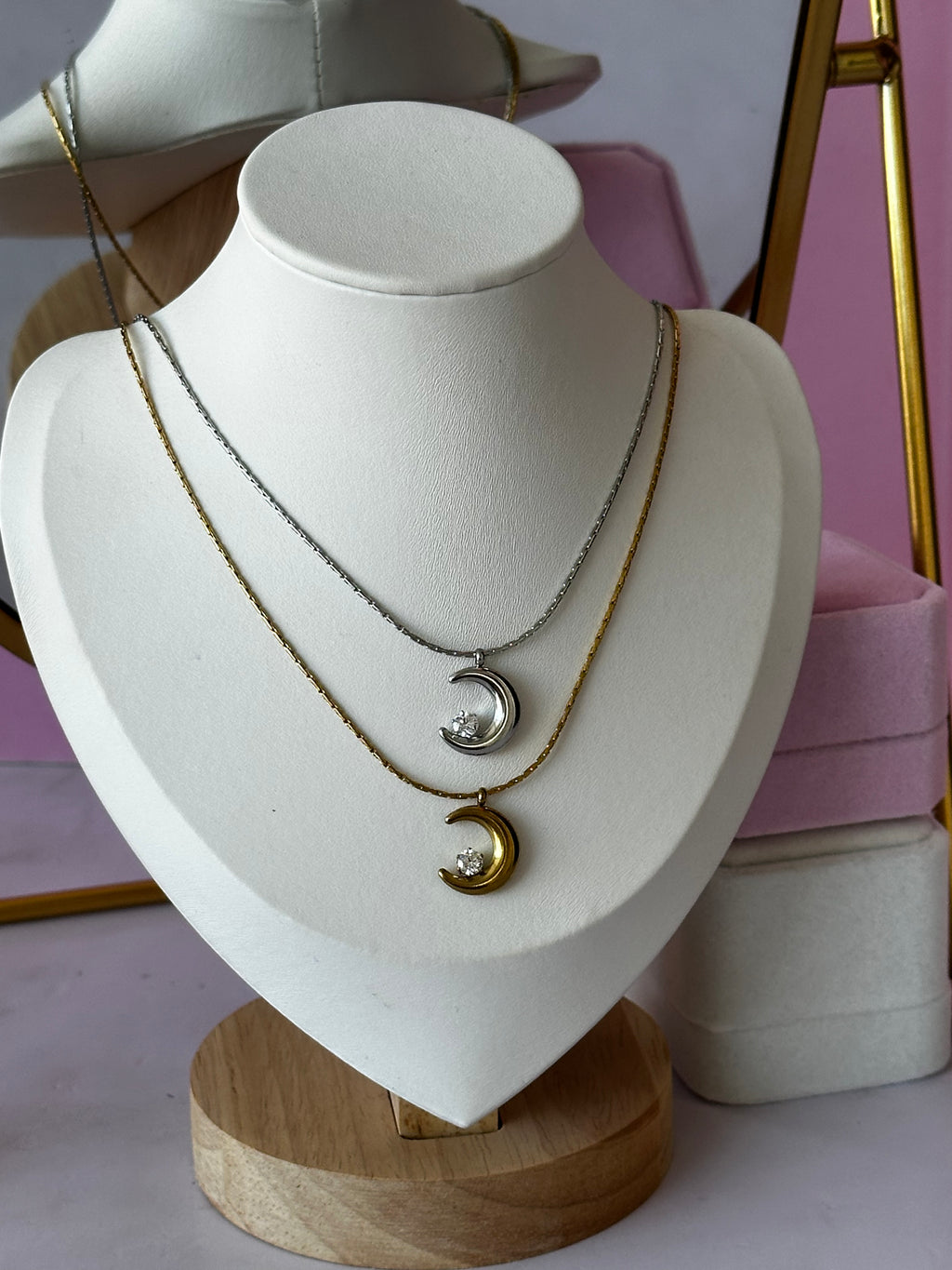 COLLARES CON DIGE DE LUNA CON PIEDRA PRECIOSA ACERO 316