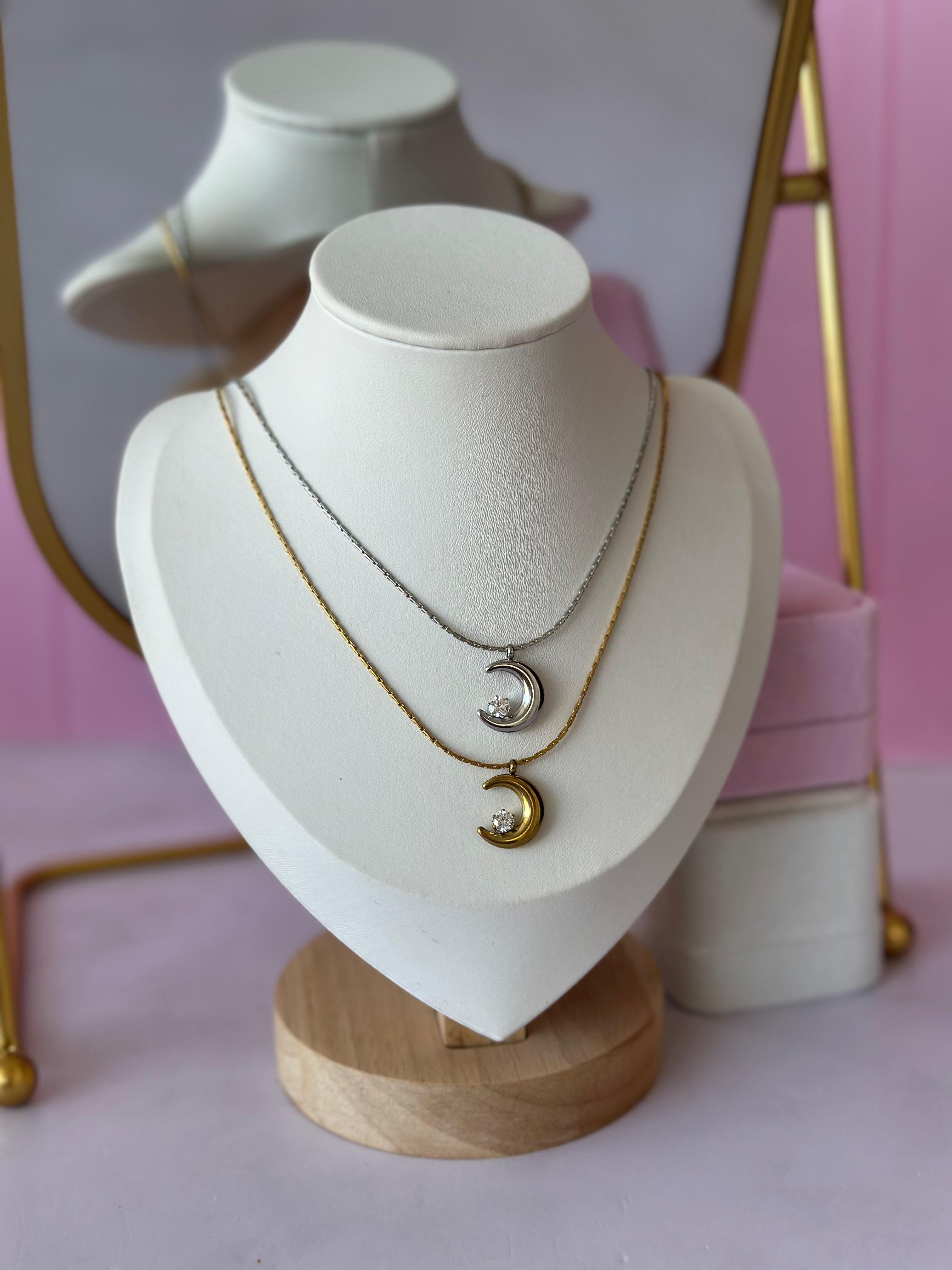 COLLARES CON DIGE DE LUNA CON PIEDRA PRECIOSA ACERO 316