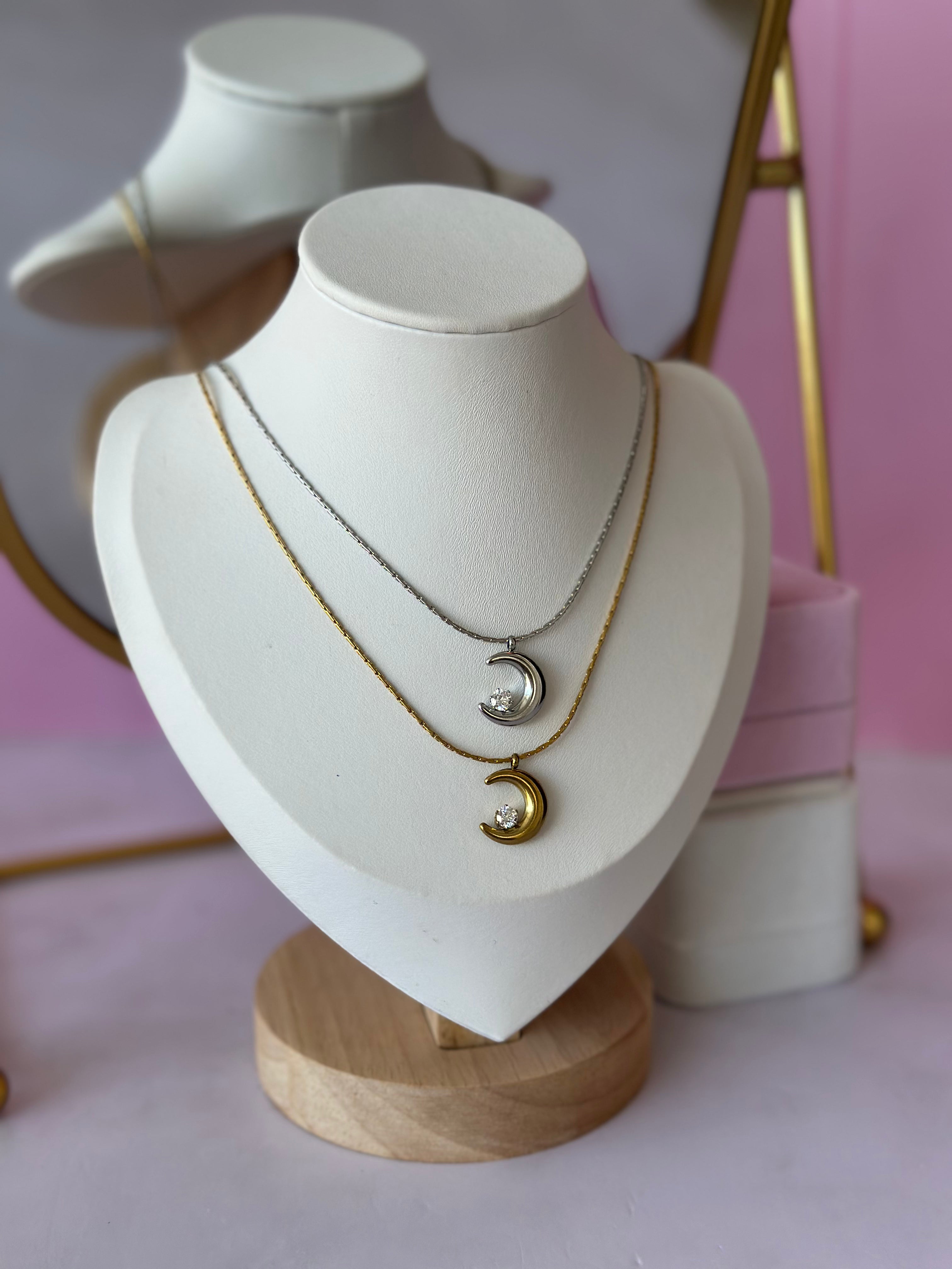 COLLARES CON DIGE DE LUNA CON PIEDRA PRECIOSA ACERO 316